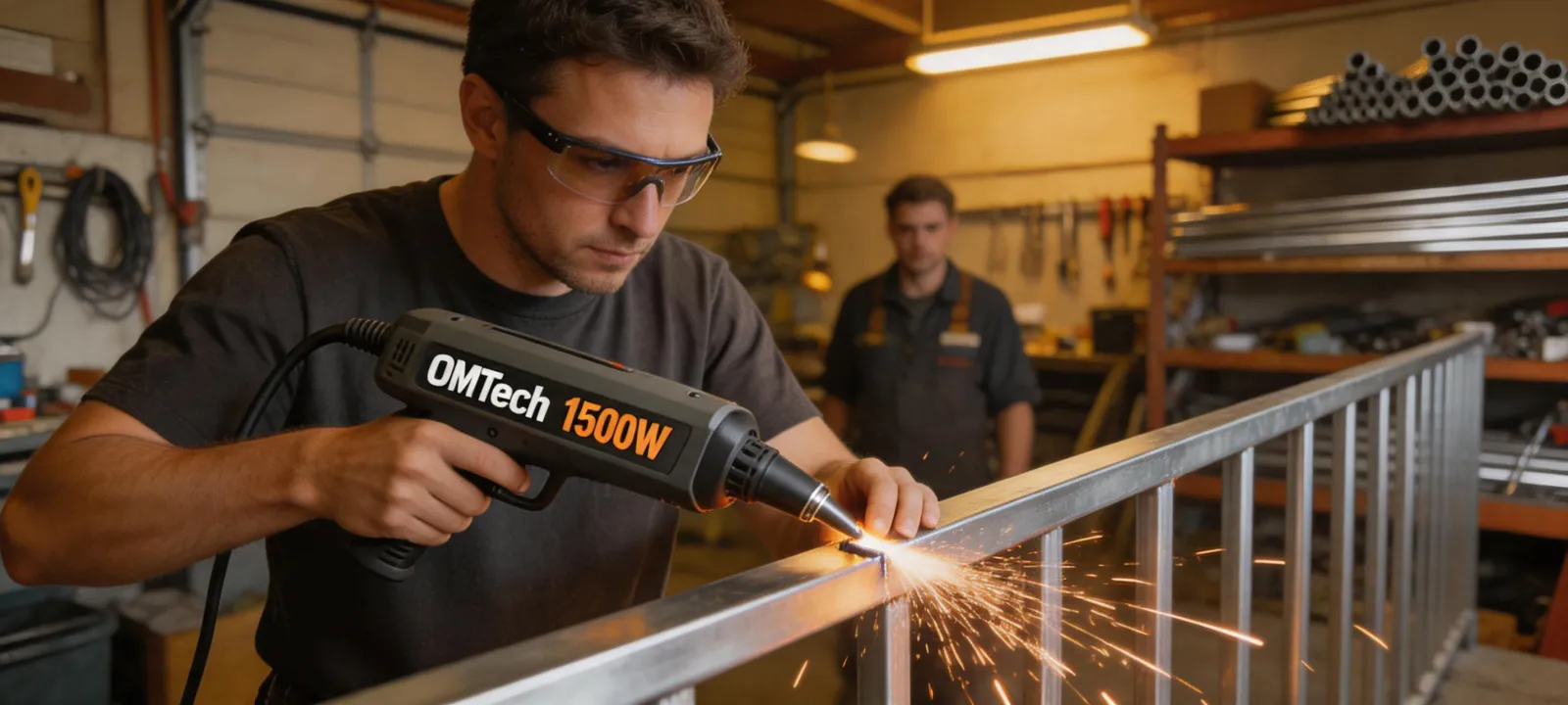 Handheld fiber laser welder welding stainless steel railing in a small fab shop