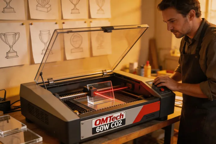 Awards shop owner cutting an acrylic plaque on an OMTech 60W CO2 laser