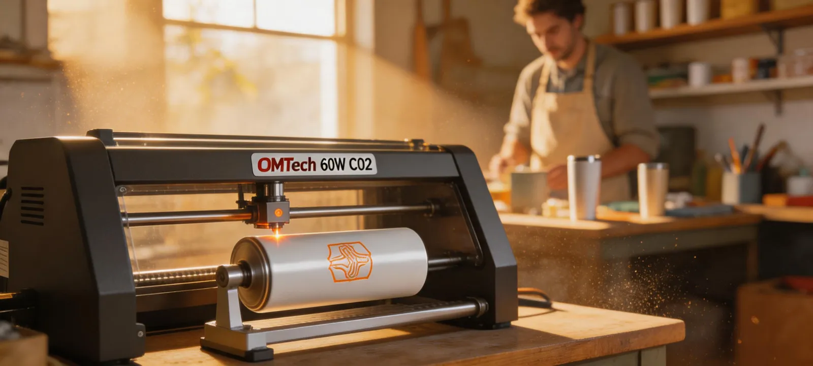 Custom engraved tumblers with rotary attachment on an OMTech CO2 laser