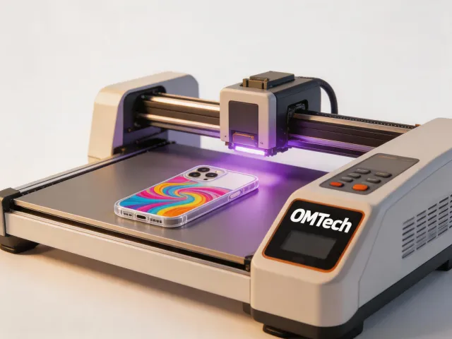 OMTech UV flatbed printer printing a phone case