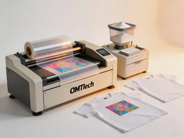 OMTech DTF printer with film feeder and powder shaker