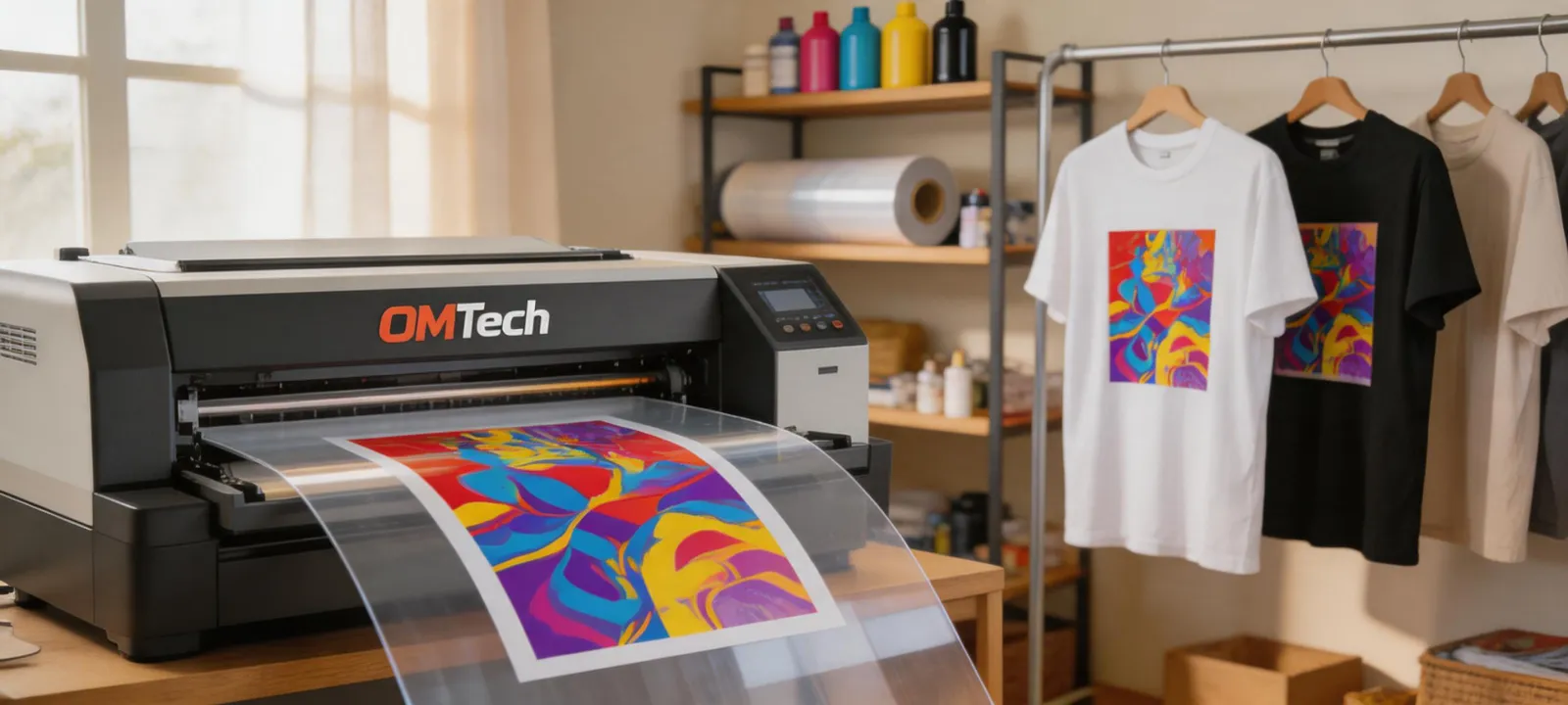 DTF printer printing vibrant apparel transfer films in a home print studio