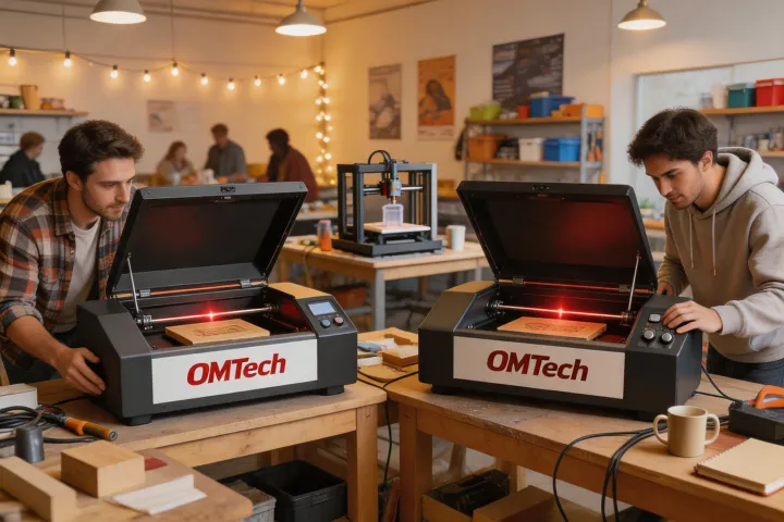 Community makerspace with multiple laser cutters in use