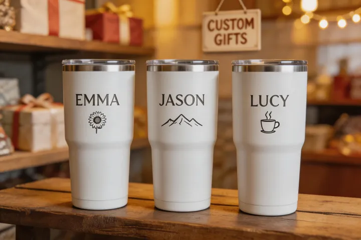 Laser-engraved stainless steel tumblers in a gift shop