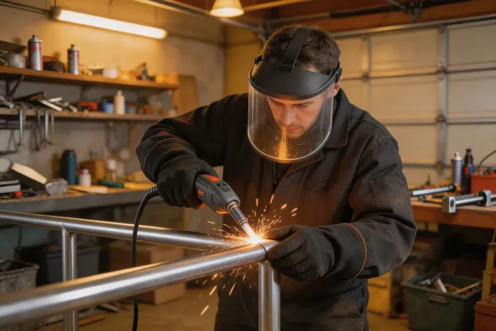 Handheld fiber laser welding a stainless steel railing