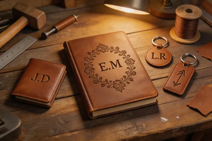 Laser-engraved leather wallets and journals on a workbench