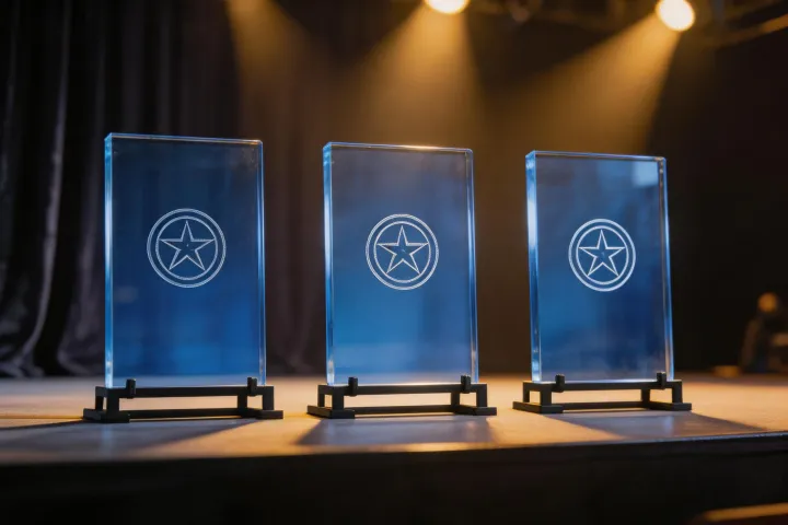 Acrylic award trophies engraved with company logos