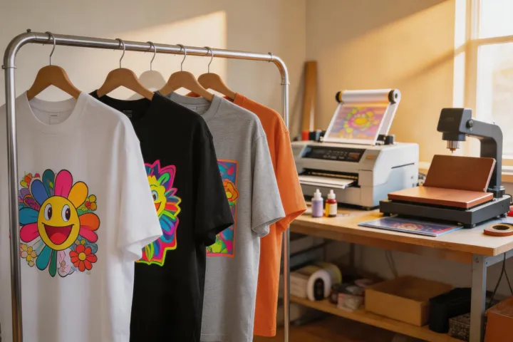 DTF-printed graphic T-shirts hanging on a rack