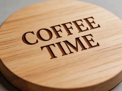 Same coaster engraved with tuned power, speed, and focus showing clean crisp letters