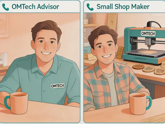 Illustration of OMTech advisor helping a customer on video call