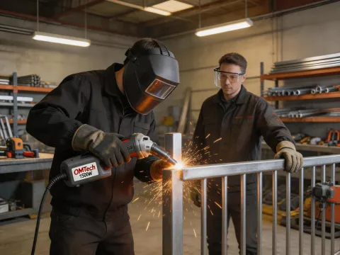 Fabrication shop with handheld fiber welder welding stainless railing